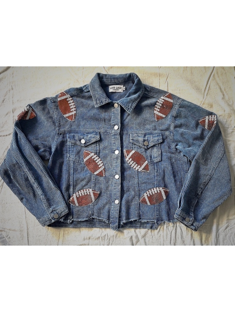 Live Love Gameday Women's Medium Blue Corduroy Football Sequin Jacket #fall